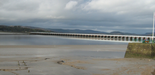 a long multispan bridge across the muddy estaury at arnside